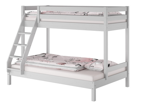 Modernes 3er-Bett 90x200 und 140x200 Erwachsenen-Stockbett Kiefer Massivholz hellgrau V-60.18G-09-14