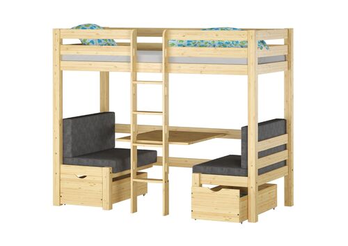 Hochbett mit Sitzbank und Tisch, Holzhochbett Kinder 90x200 cm w�hlbares Zubeh�r V-60.22-09
