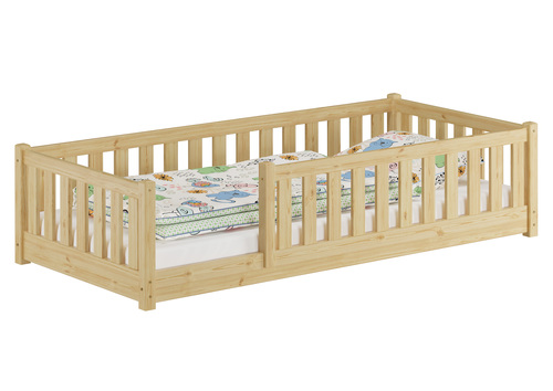 Kinderbett, Holzbett 90x200 mit Rundumsicherung Kiefer natur lackiert V-60.77-09