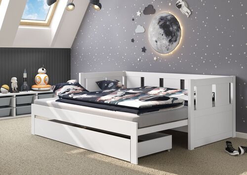 Ausziehbett 2-in-1-Bett Einzel- und Doppelbett in einem Kiefer wei� Zubeh�r w�hlbar V-60.78W-09