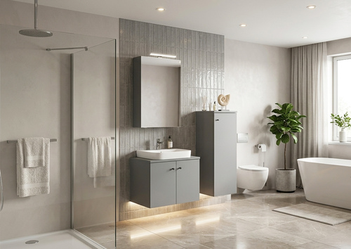 Badezimmerm�bel-Set Spiegelschrank Waschtisch Schrank halbhoch grau V-90.59-01