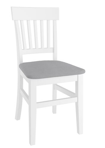 Klassischer wei�er Holzstuhl aus massiver Kiefer, Sitzpolster grau V-90.71-27W-P21