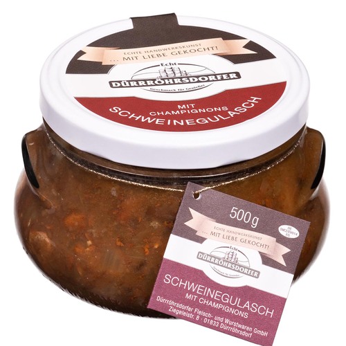 D�rrr�hrsdorfer Fleisch- u. Wurstwaren  Schweinegulasch mit Champignons im Glas