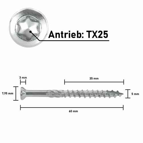 Terrassenschraube 5x60 T-INOX C1 martensitisch im Bitpack 