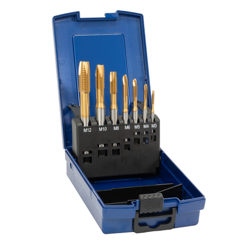 HSS RATIOLINE MGB DIN 371/376 Form B TIN?beschichtet 7?tlg. M3?M10/M12 in Rose?Kunststoffkassette Rose?Kunststoffkassette Nuten, PGM zertifiziert 7?teilig in Rose?Kunststoffkassette