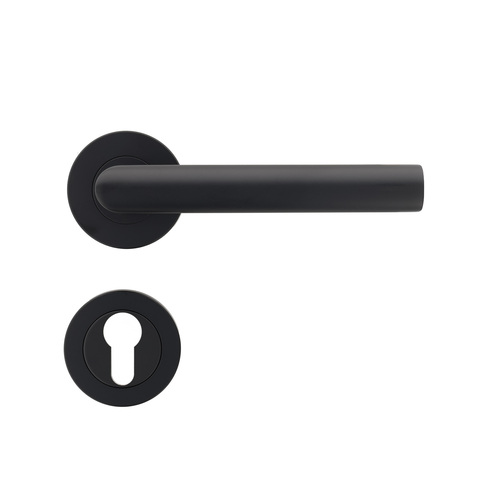 T�rdr�cker-Garnitur PIANO - T-Form - Profilzylinder (PZ) - R�ckholfeder - Edelstahl schwarz matt - Schraubrosette  53 mm - Vierkant 8 mm - f�r T�rst�rke 40-45 mm