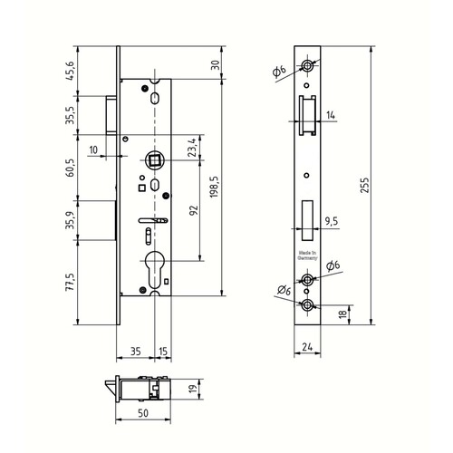Rohrrahmenschloss Scuteus PZ - Entfernung 92 mm - Nuss 8 mm - Edelstahl-Stulp 24 x 255 x 3 mm - 1-tourig mit Fallenverriegelung