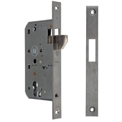 Schiebet�rschloss mit Hakenfalle 55mm Dornma� Edelstahl-Stulp kantig 24x235 mm