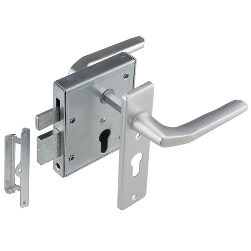 Kastenschloss mit hebender Falle 89P f�r Profilzylinder und Alu Dr�ckergarnitur