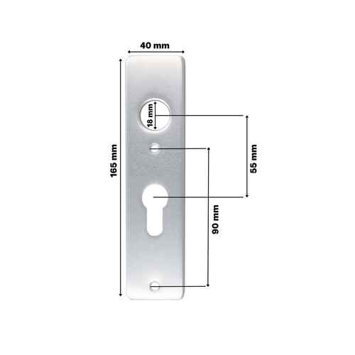 Kurzschild f�r Kastenschl�sser, Entfernung 55 mm, Alu F1, 40x165x7 mm, Lochung f�r Profilzylinder und Dr�cker