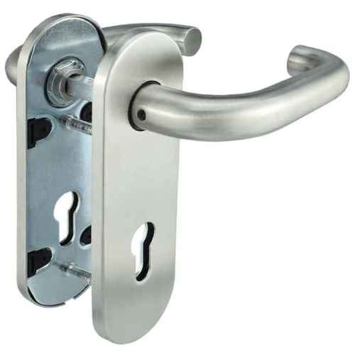 Dr�cker-Schild-Garnitur - Edelstahl - U-Form - Feuerschutzt�ren - DIN 18273 / EN 1906 Klasse 4 - PZ 72 mm