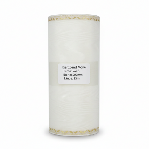 Kranzband Schleifenband Trauerband Moire mit goldener Webkante 200mm 25m wei�
