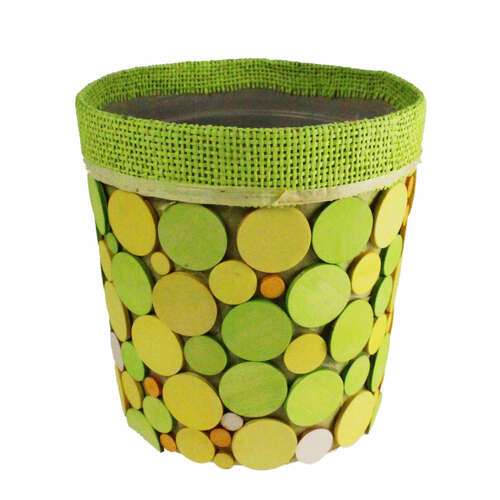 Topf rund Holzpl�ttchen Pflanztopf Dekotopf 17x16cm gr�n gelb orange Juterand