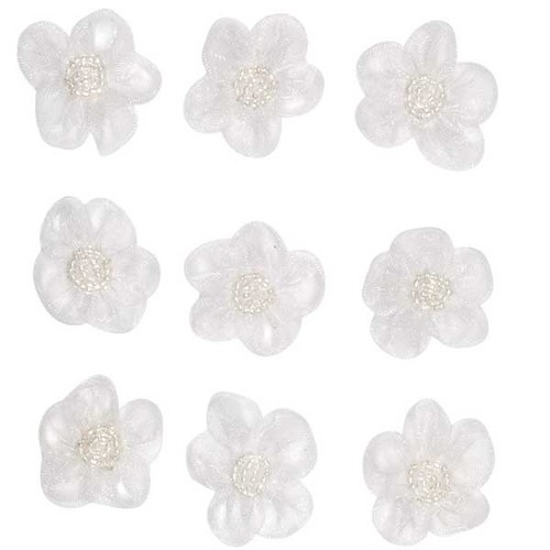 9 Bl�ten 2,5cm Organza Sticker mit Perlen Aufkleber selbstklebend Bl�mchen Blumen