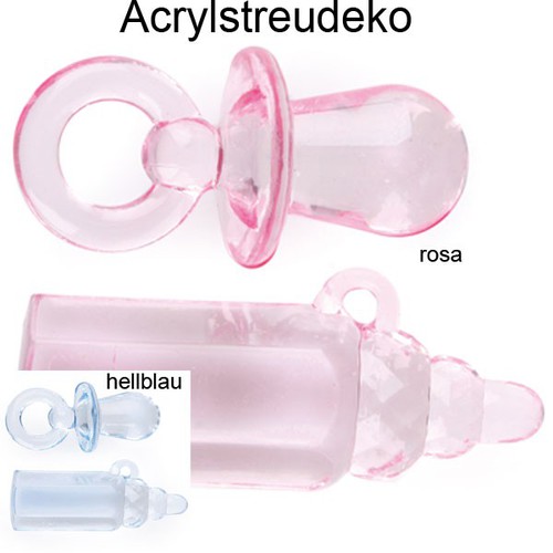 90 Streuteile Schnuller 3cm + Flasche 3,5cm Acryl Baby Taufe Geburt blau o. rosa