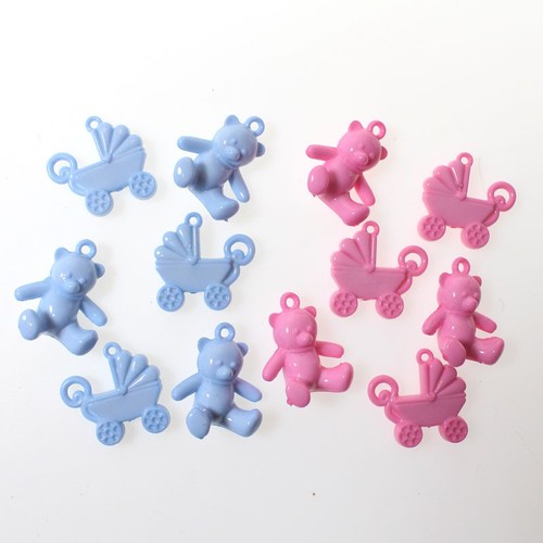 20 Streuteile B�r / Kinderwagen 4cm Acryl Taufe Geburt Tischdeko blau / rosa