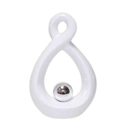 Wei�e Skulptur mit Silber Ball H 23cm B 15cm Keramik Dekoobjekt Kugel Deko Figur