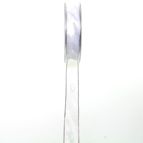 20m Dekoband Chiffon Fische wei� silber mit Drahtkante 25mm breit