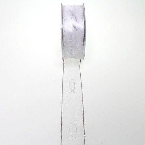 20m Dekoband Chiffon Fische wei� silber 40mm Drahtkante Kommunion Konfirmation