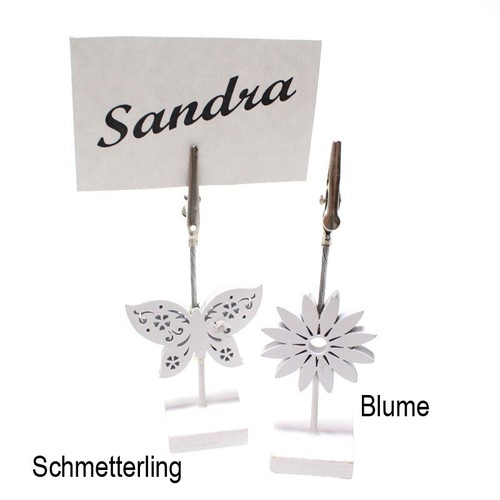 4 Tischkartenhalter Holz wei� Blume Bl�te H11cm Metallklammer Platzkarte G�ste