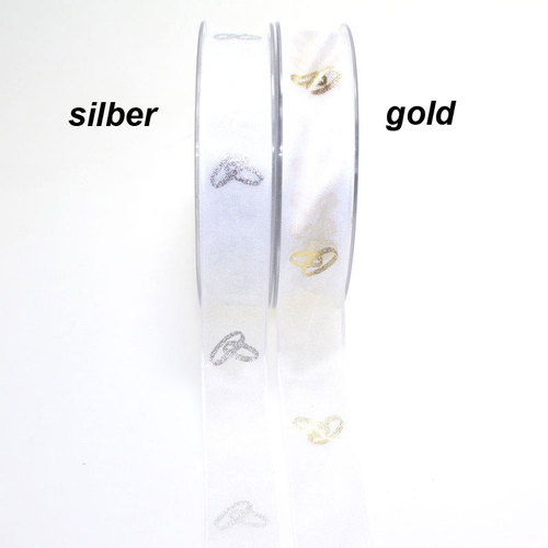 25m Dekoband Chiffon wei� 25mm breit mit Aufdruck Eheringe