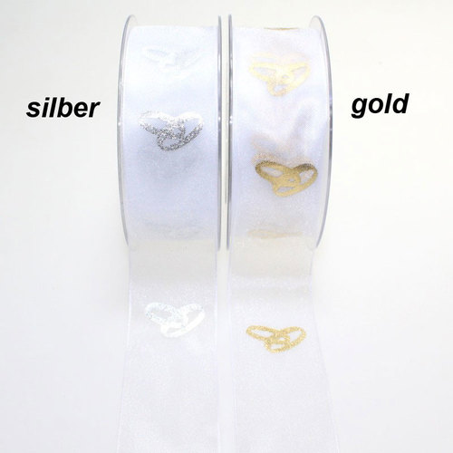 25m Dekoband Chiffon wei� 40mm breit mit Aufdruck Eheringe