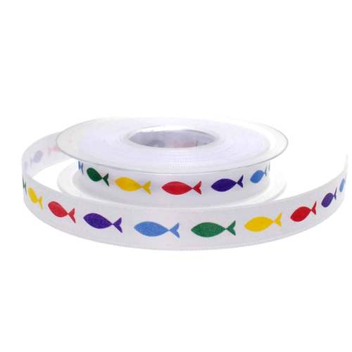 20m Dekoband Satin wei� bunte Fische 15mm breit Taufe Kommunion Firmung religi�s