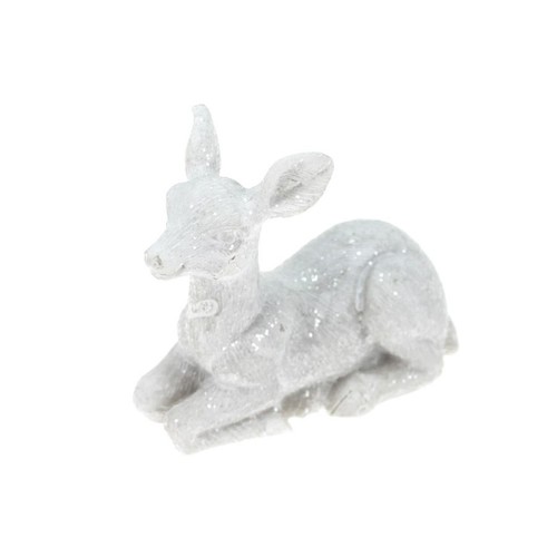 Rehkitz Reh Bambi liegend 6cm Polyresin Herbst Hirsch Figur wei glitzernd