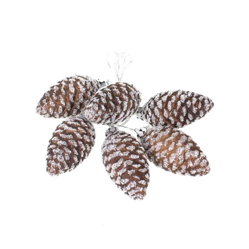 6 Zapfen L10cm geglittert k�nstlich Zapfenbund braun wei� Fensterh�nger Deko