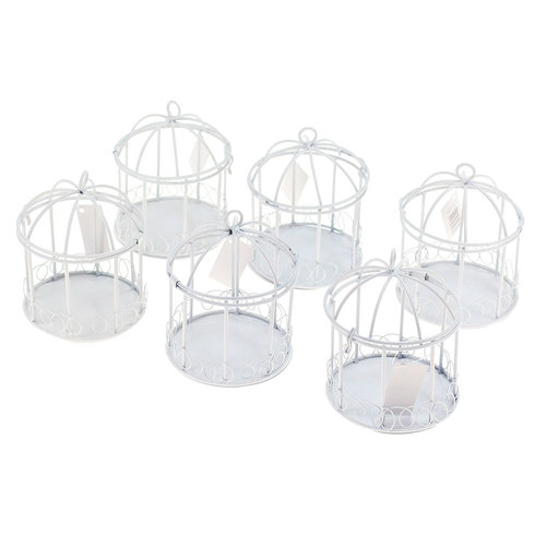 6 x K�fig Gastgeschenk 10x8cm wei� rund Deko Vogelk�fig Box Metall Giveaway