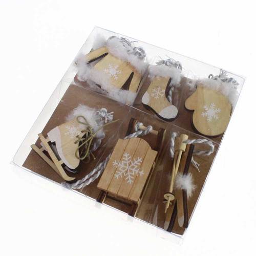 Set 6 H�nger Holz natur wei� Winter Schlitten Ski Schlittschuhe Handschuhe 