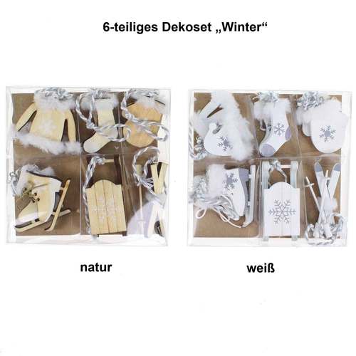 Set 6 H�nger Holz natur wei� Winter Schlitten Ski Schlittschuhe Handschuhe
