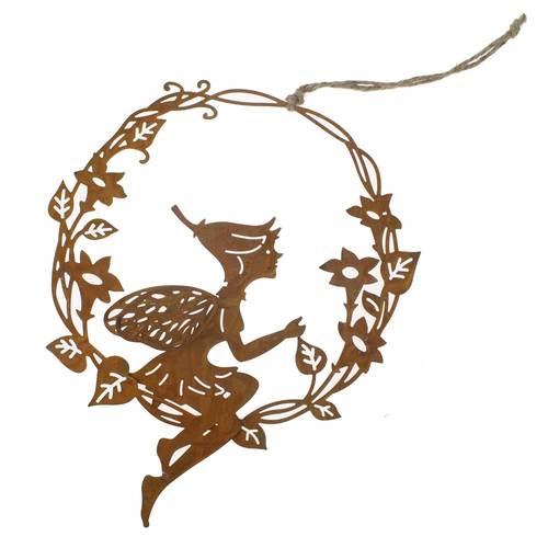 H�nger Elfe Fee sitzend im Kranz Metall ca.24x20cm weiss oder rost Fenster Deko 