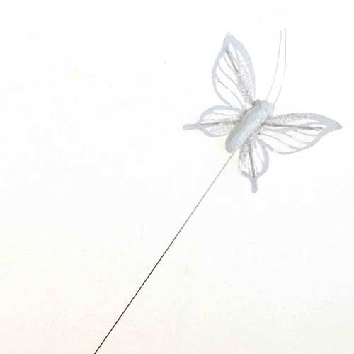 24 Stecker Schmetterlinge wei� Glitzer 4,5cm  20cm Stiel Deko Butterfly Pick Stab