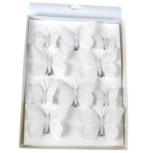 10 Feder Schmetterlinge Set 7cm + 4,5cm wei� mit Metall Clip Butterfly Federn