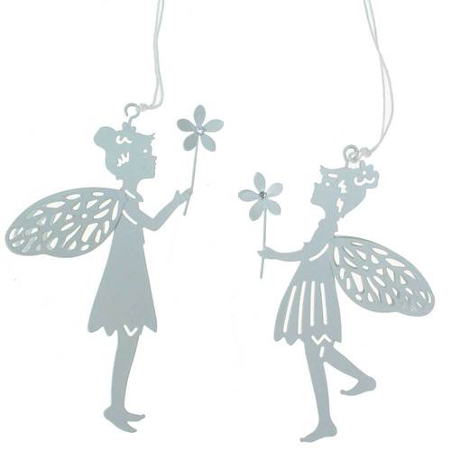 Set 2 H�nger Elfe Fee Blume ca11,5x8cm Metall wei� Fensterdeko Elfenh�nger Feenh�nger