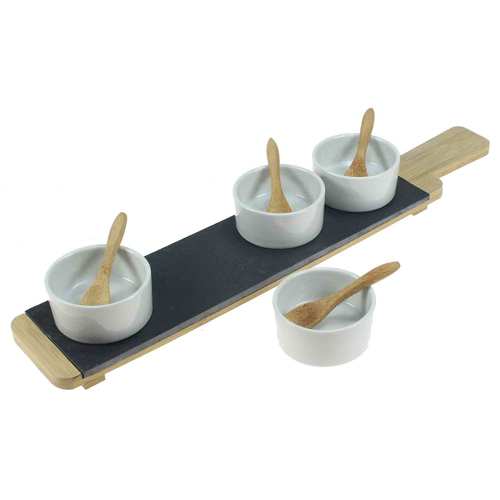 Servierbrett Bambus Set 9tlg Schalen L�ffel Dessert Porzellan Schiefer Dip Vorspeise