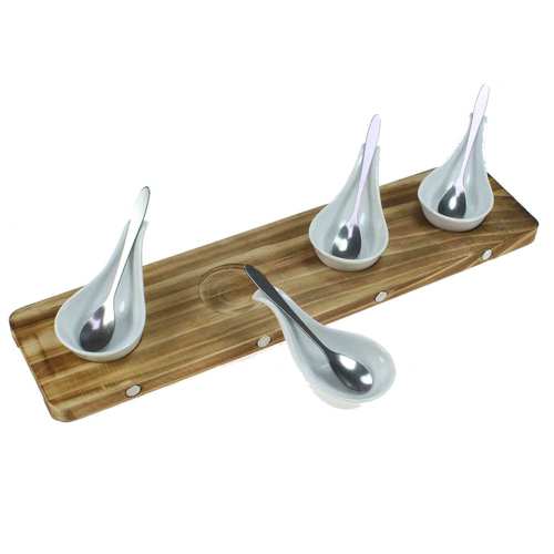 Servierbrett Set 9-tlg Holzbrett inkl. Schalen Lffel Dessert Porzellan Dip Vorspeise