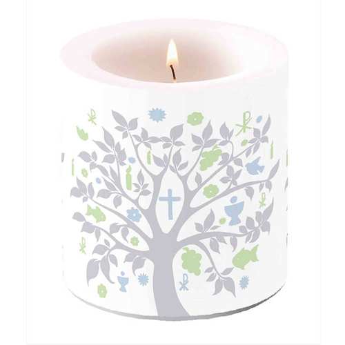 Kerze Lebensbaum Kelch Taube Kreuz 87x75mm Konfirmation Kommunion Glaube Stumpenkerze 