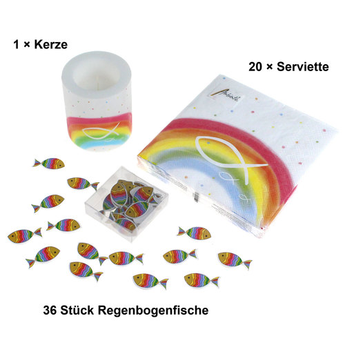 Tischdeko Kommunion Konfirmation Regenbogen Rainbow Kerze Servietten Religion Fest