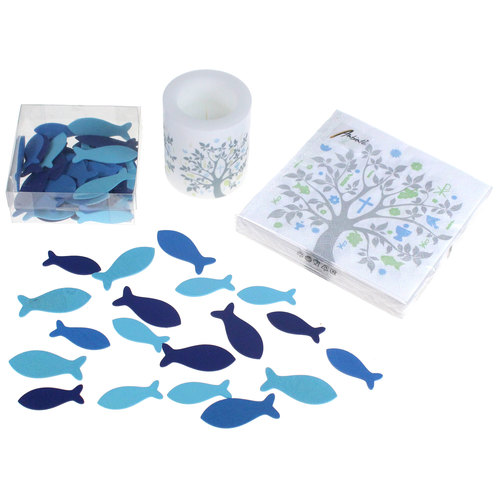 Tischdeko Kommunion Konfirmation Lebensbaum silber Kerze Servietten Fische Glaube
