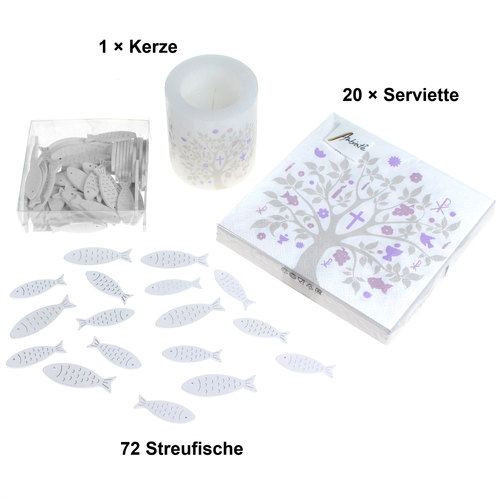 Tischdeko Kommunion Lebensbaum taupe Kerze Servietten Fische Glaube