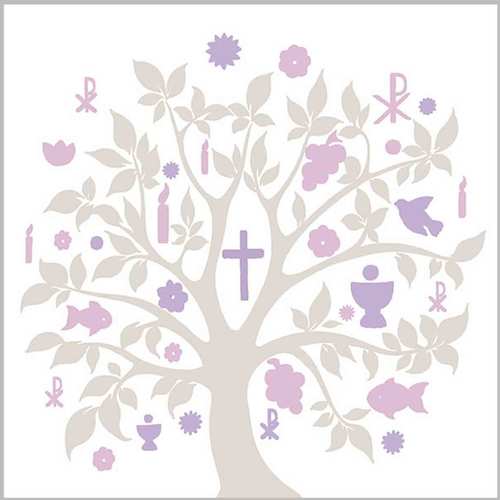 Tischdeko Kommunion Lebensbaum taupe Kerze Servietten Fische Glaube 