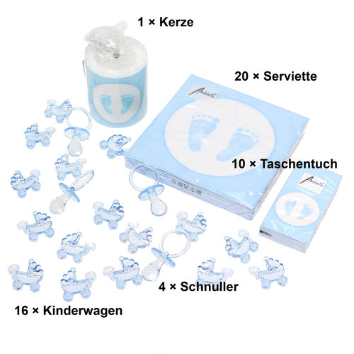 Tischdeko Babyf��e hellblau Kerze Servietten Taufe Geburt Babysteps