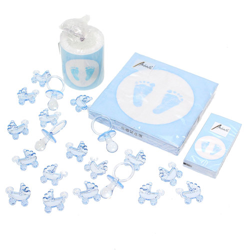 Tischdeko Babyf��e hellblau Kerze Servietten Taufe Geburt Babysteps 
