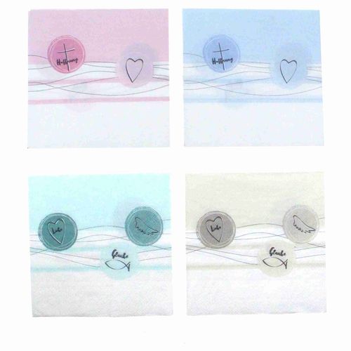 20 Servietten Liebe Glaube Hoffnung 3lag. 33x33cm Fisch Herz Fl�gel Geburt Taufe