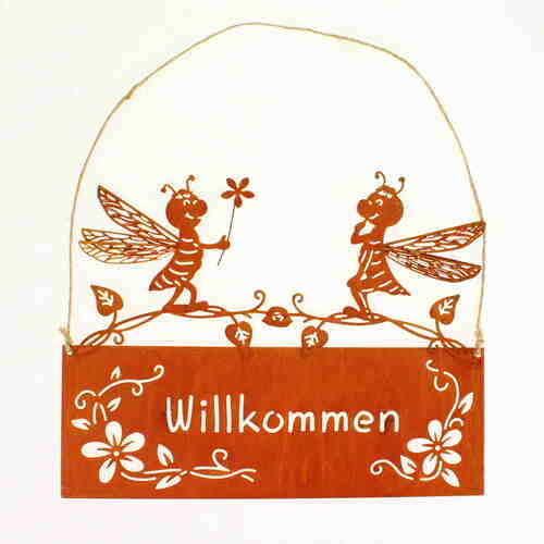 Schild Willkommen 25x19cm mit Bienen H�nger T�rschild Eingangsschild T�r Deko