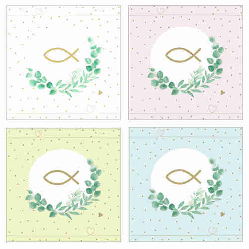 20 Servietten Fisch Zweig 3lag. 33x33cm Geburt Taufe Kommunion Konfirmation