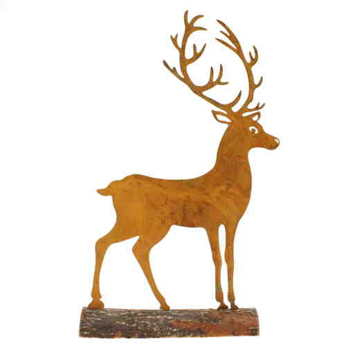 Hirsch Metall rost auf Holzfu� Baumstamm Aufsteller Tierfigur Skulptur Aufsteller 