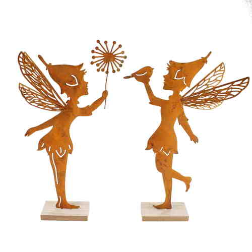 Set 2 Feen Elfen Metall rost auf Holz Aufsteller Figur mit Pusteblume Paar 